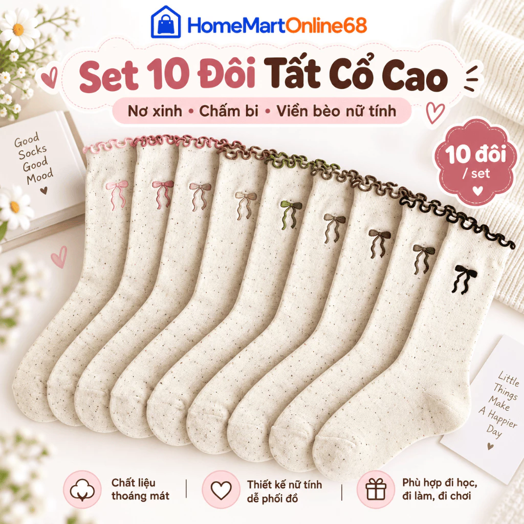 Set 10 Đôi Tất Nữ Cổ Cao Nơ Chấm Bi Viền Bèo Dễ Thương, Tất Thời Trang Phong Cách Hàn Quốc | HomeMartOnline68