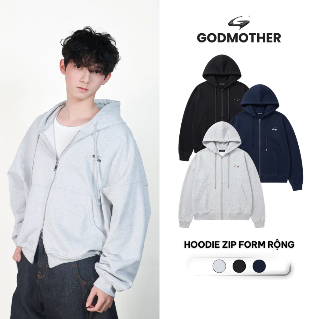 Hoodie Zip Form Rộng GODMOTHER Áo Khoác Nỉ Chân Cua Phong Cách Hàn Quốc