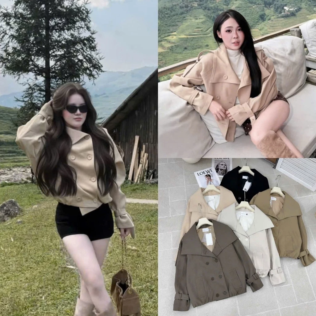(Hàng Shop): Áo Măng Tô Cổ Bồng Đai Tay Mix 2 Đai Vai Dáng Ngắn Bo Chun 5 Màu-Ảnh Thật Lollaye