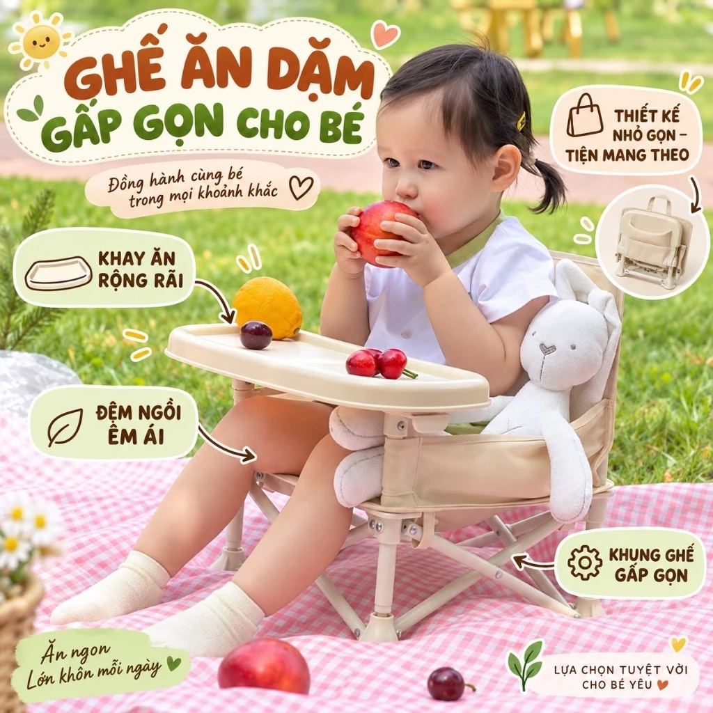Ghế Ăn Dặm Cho Bé Gấp Gọn, phong cách Hàn Quốc cho bé đi du lịch có thể gấp gọn
