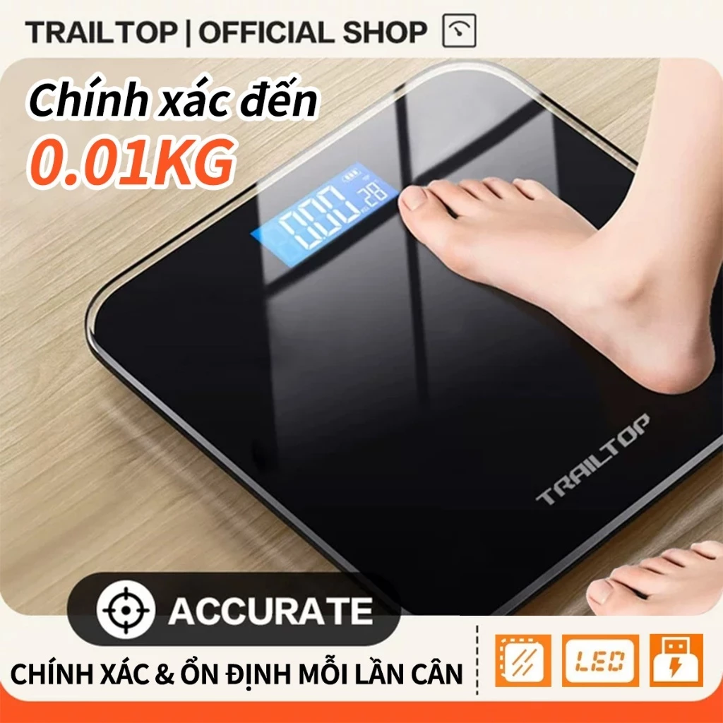 【COD】Trailtop Cân Điện Tử Sạc USB Kết Nối Bluetooth Phân Tích Chỉ Số Cơ Thể Trọng Lượng Tối Đa 180kg
