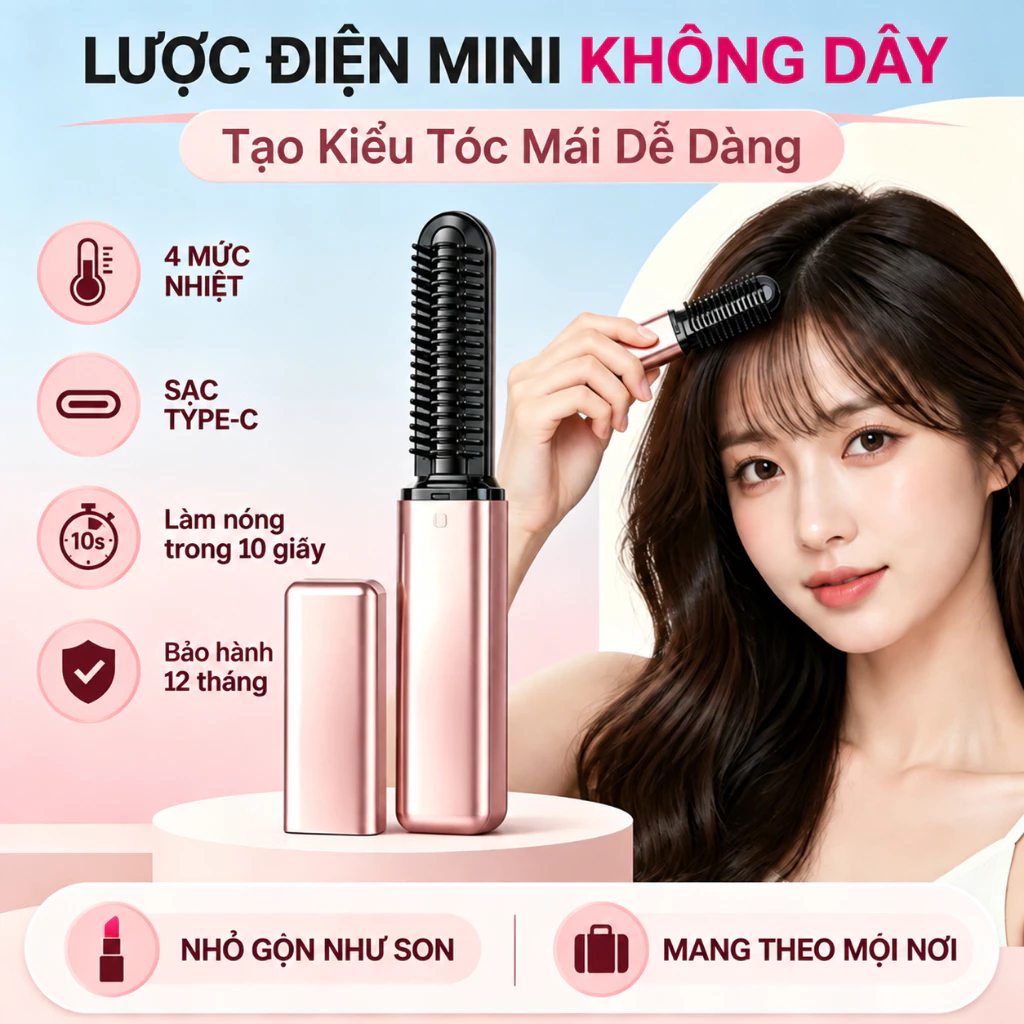 Lược Không Dây Sạc USB Mini, Máy Uốn Duỗi Tóc Mini Không Dây, Lược Tạo Kiểu 2 Trong 1
