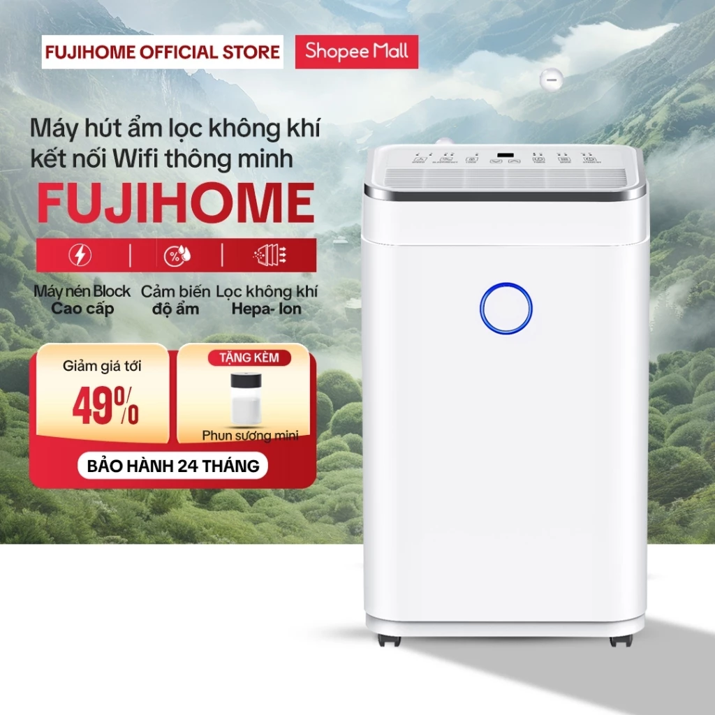 Máy hút ẩm công suất lớn 25L/ngày bằng máy nén cao cấp Nhập Khẩu Fujihome kết nối Wifi, lọc không khí thông minh đa năng
