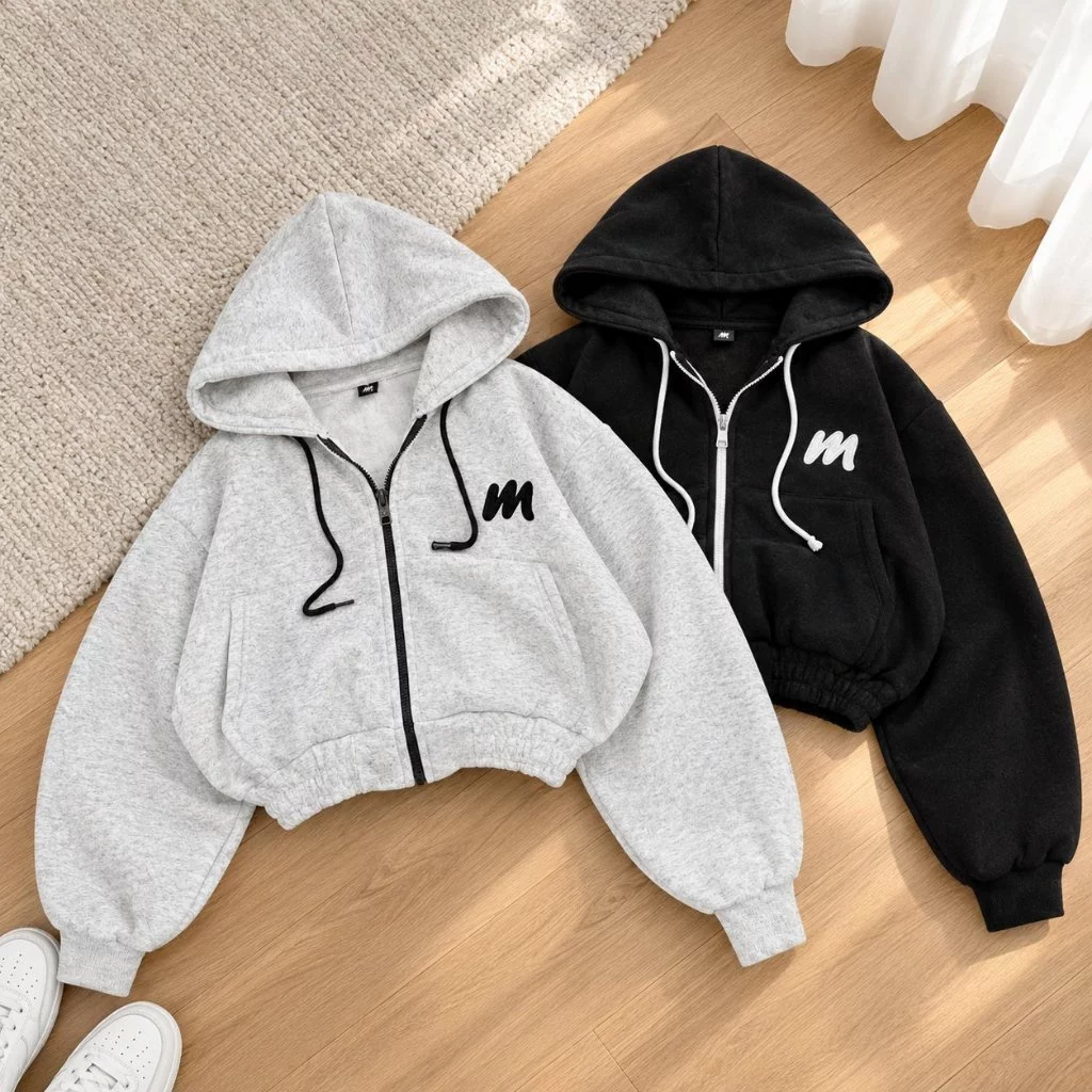 Áo Khoác Hoodie Zip Nữ Form Boxy Dáng Lững TOMANO Vải Nỉ Dày Tay Phồng Nón Rộng Chống Nắng - KNL12