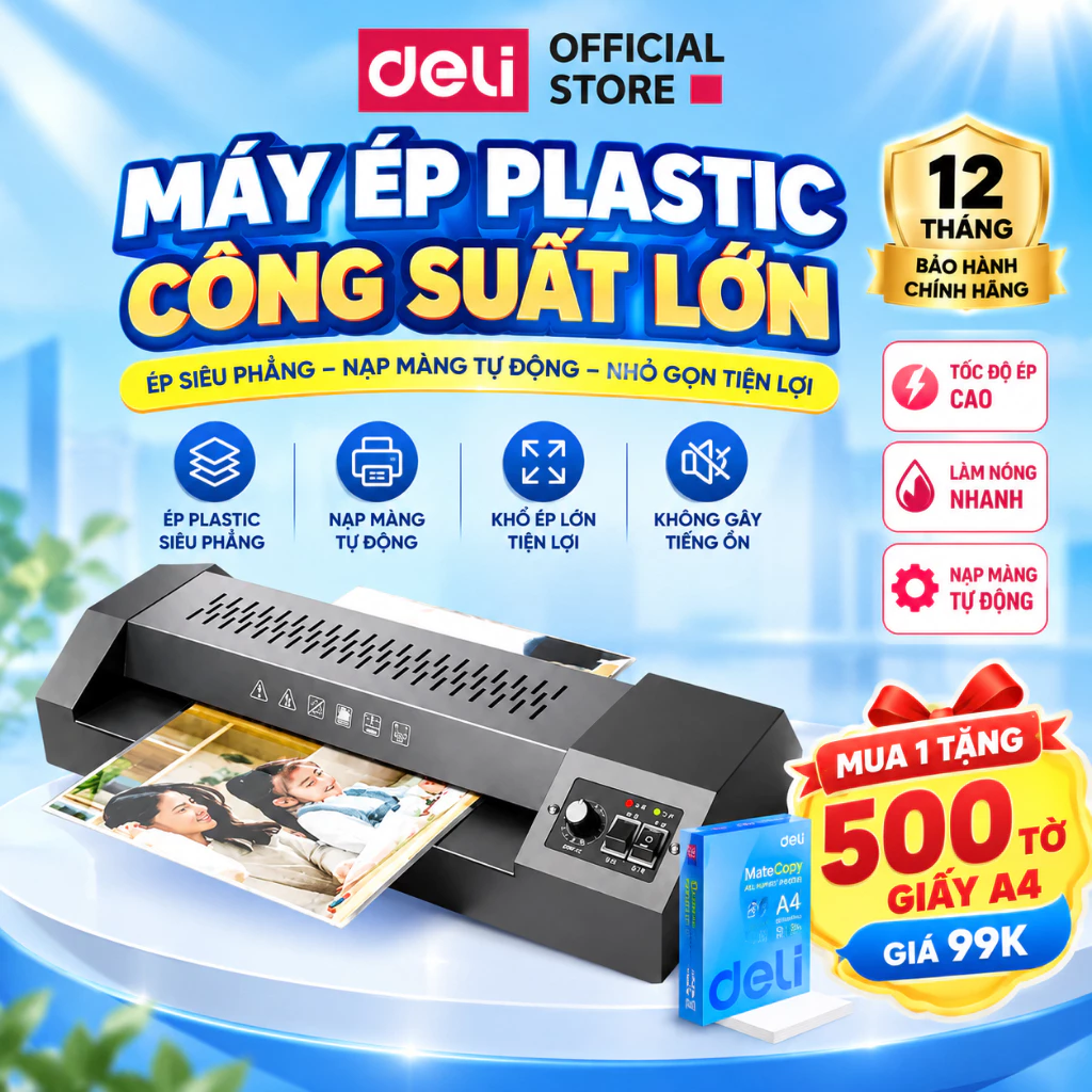 [TẶNG GIẤY A4]Máy Ép Plastic Khổ A3 A4 DELI GQ101 Máy Ép Nhiệt Bảo Vệ Tài Liệu Máy Cán Màng Ảnh Ép Giấy Tờ Poster