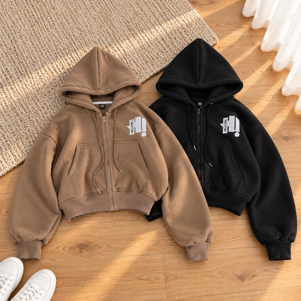 Áo Khoác Hoodie Zip Nữ Form Boxy Dáng Lững TOMANO Vải Nỉ Dày Tay Phồng Nón Rộng Chống Nắng - KNL13