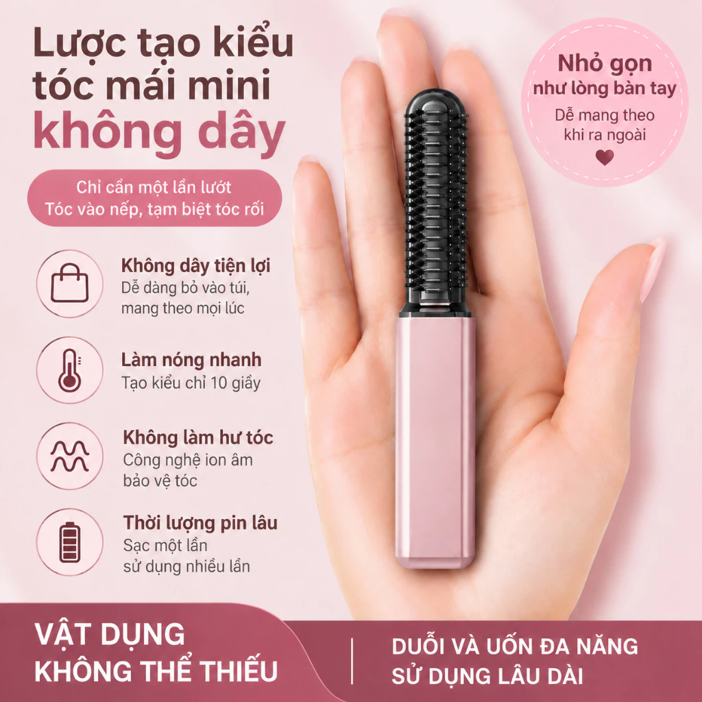 Lược Điện Tóc Mái Mini Không Dây, Tạo Kiểu Phồng Tự Nhiên, Sạc Type-C, Nhỏ Gọn Như Thỏi Son