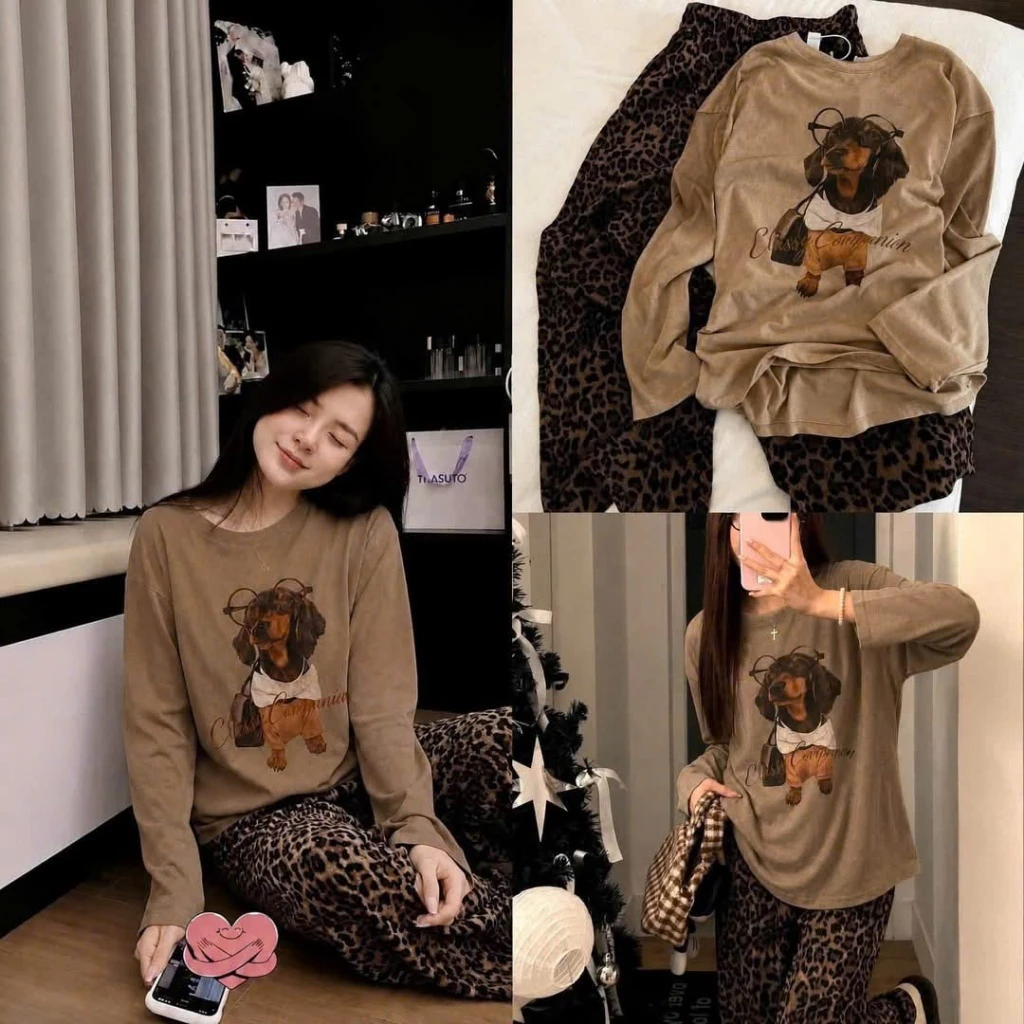 SEt Bộ Đồ Nữ Áo Thun Giấy nâu Dài Tay In Cún Nâu Đeo Kính Mix Quần Dài Ống Rộng Họa Tiết Da Báo