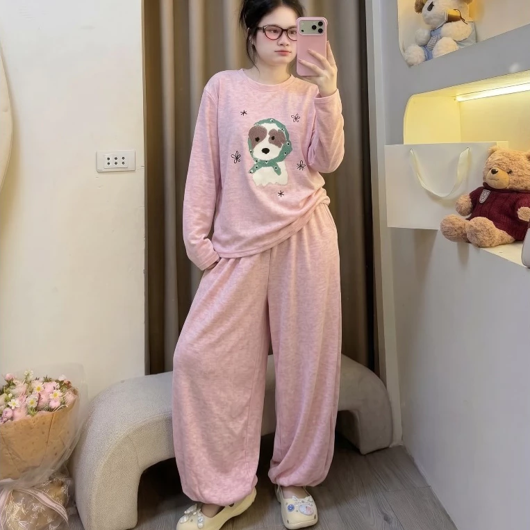 [ Set Đồ Nữ Thu Đông Len Tăm Lông Thỏ ] Áo Dài Tay + Quần Dài Bom Bộ Đồ Nữ Mặc Nhà Thun Tăm Lông Thỏ Cao Cấp Loại 1