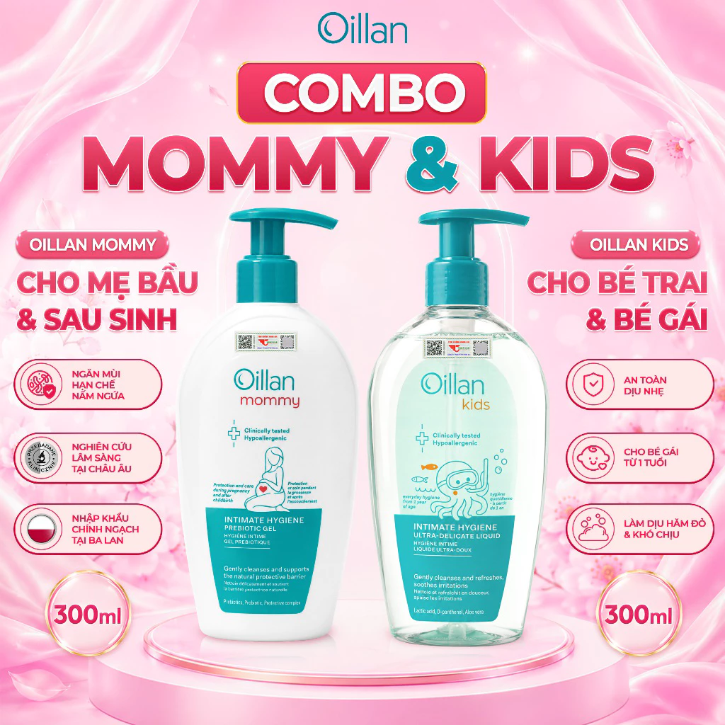 [COMBO MẸ & BÉ] Dung Dịch Vệ Sinh Cho Mẹ Bầu/Sau Sinh OILLAN MOMMY 300ml và Cho Bé OILLAN KIDS 300ml