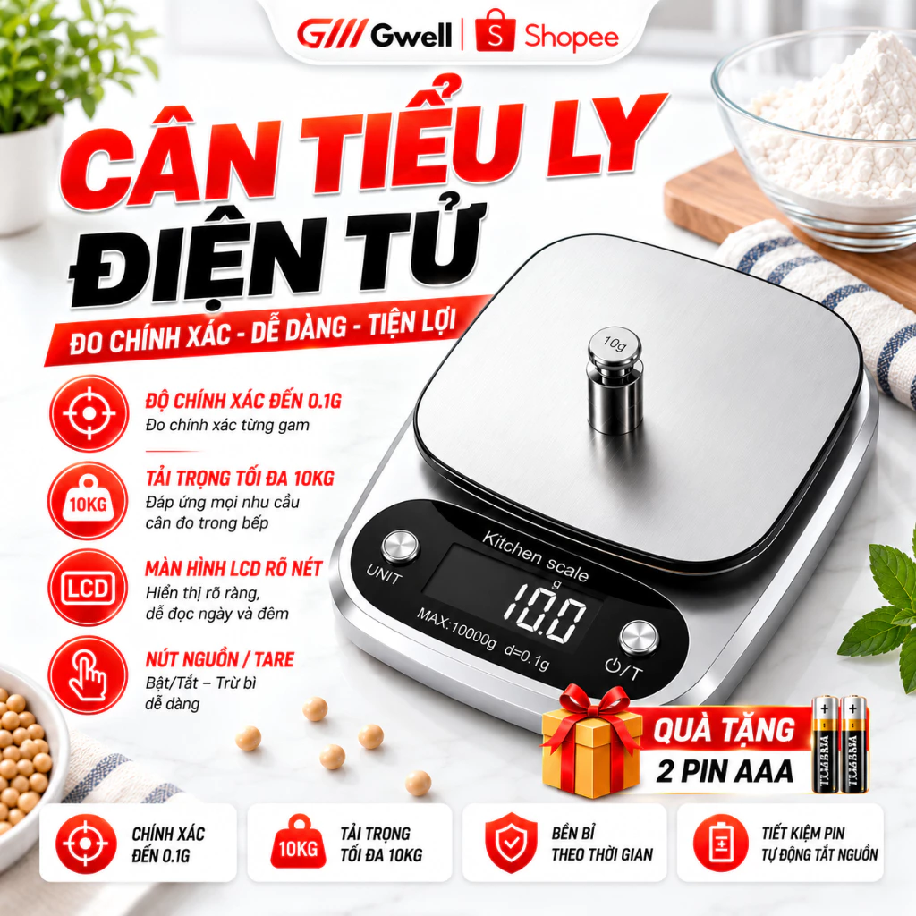 Cân Tiểu Ly Điện Tử Nhà Bếp Định Lượng 1g-10kg Dùng Làm Bánh Cân Đồ Ăn Nguyên Liệu Rau Củ