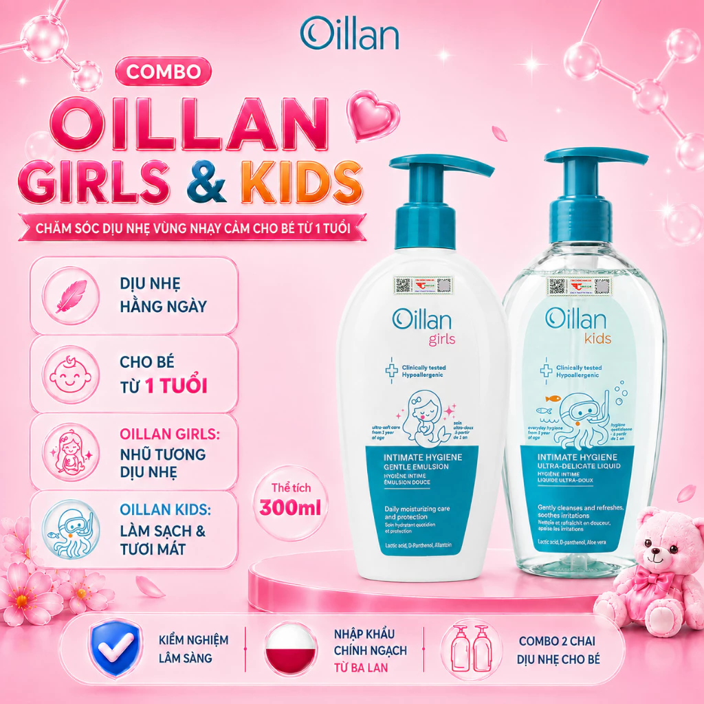 Combo Dung Dịch Vệ Sinh Cho Bé OILLAN GIRLS & OILLAN KIDS 300ML – Nhũ Tương Vệ Sinh CHUYÊN BIỆT Cho Bé Từ 1 Tuổi