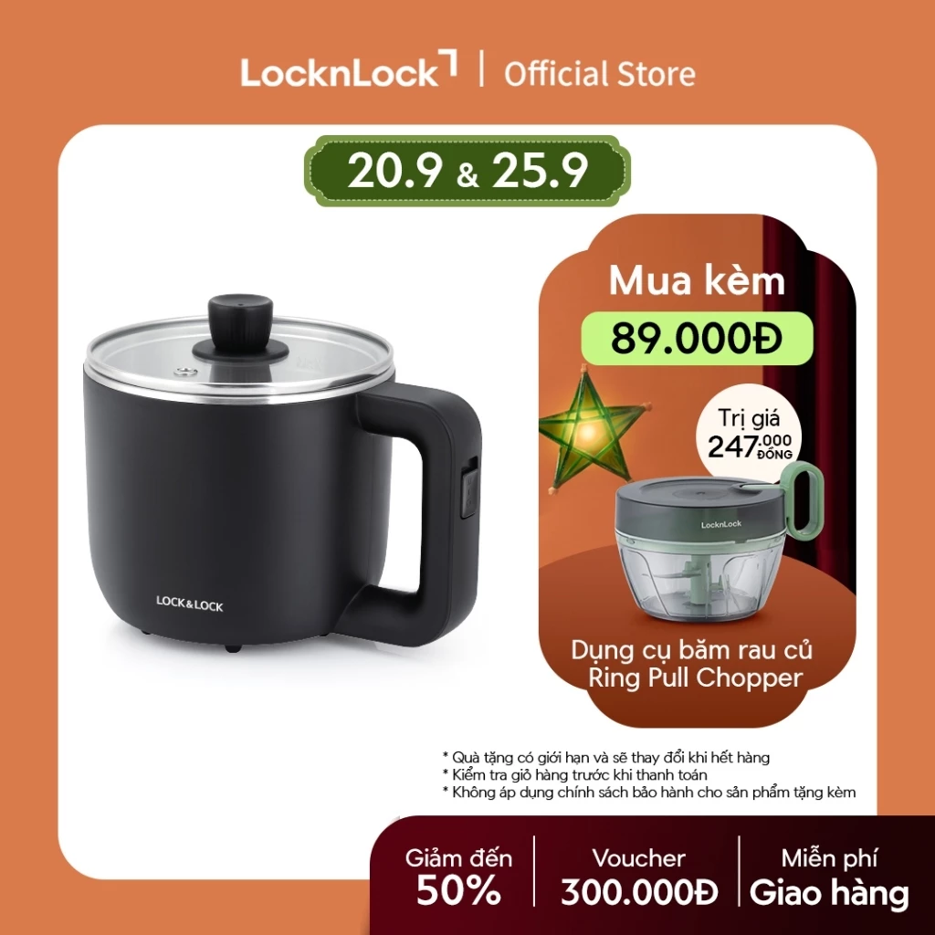 Nồi điện đa năng Lock&Lock 0.8L, 220V, 50Hz, 600W - màu đen - EJP116BLK