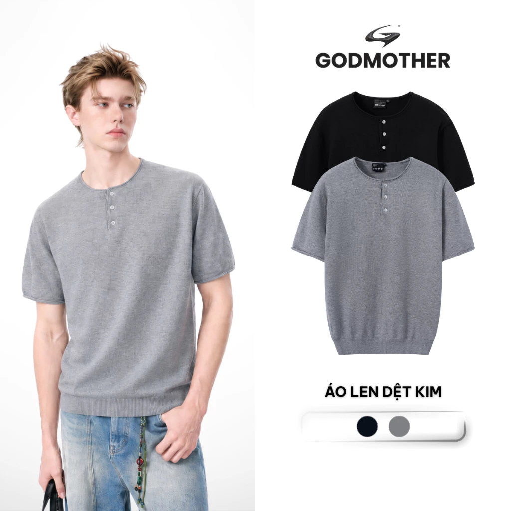 Áo Len Dệt Kim GODMOTHER Áo Thun Cổ Tròn Cài Cúc Tay Ngắn Phong Cách Hàn Quốc Tối Giản