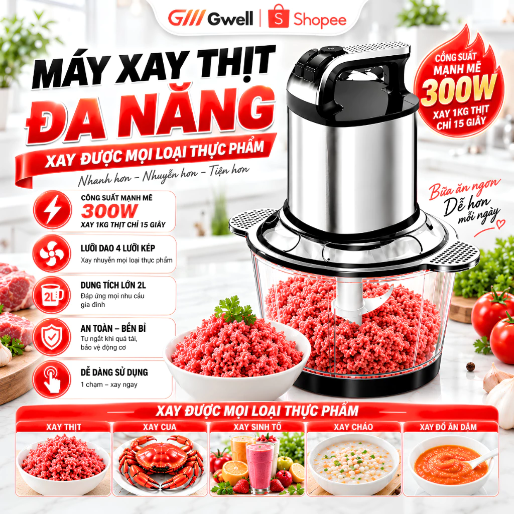 Máy Xay Thịt Đa Năng Inox 304 Cao Cấp 2 Lít Công Suất 300W 4 Dao Kép Sắc Bén Xay Nhanh Mạnh Mẽ
