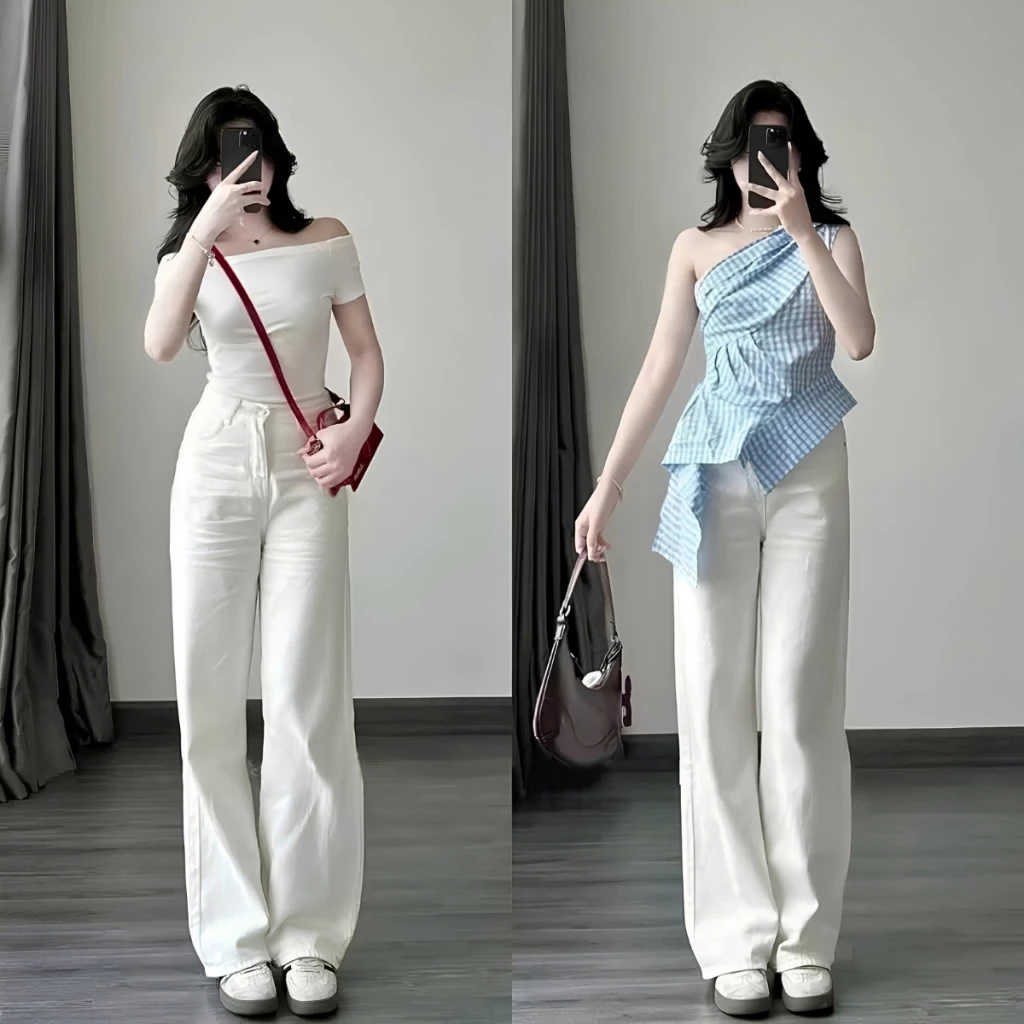 Quần jeans nữ ống suông màu trắng phong cách Ulzzang Renee Store - Q7748