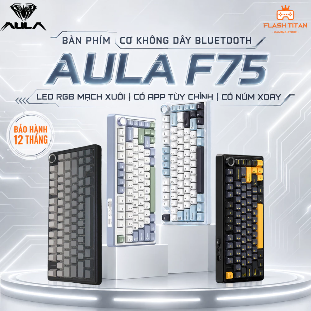 Bàn phím Cơ Không Dây AULA F75 PRO Kết nối Bluetooth, Có Núm Xoay Chỉnh Âm Lượng, Dùng Cho PC,Laptop Chơi Game Văn phòng