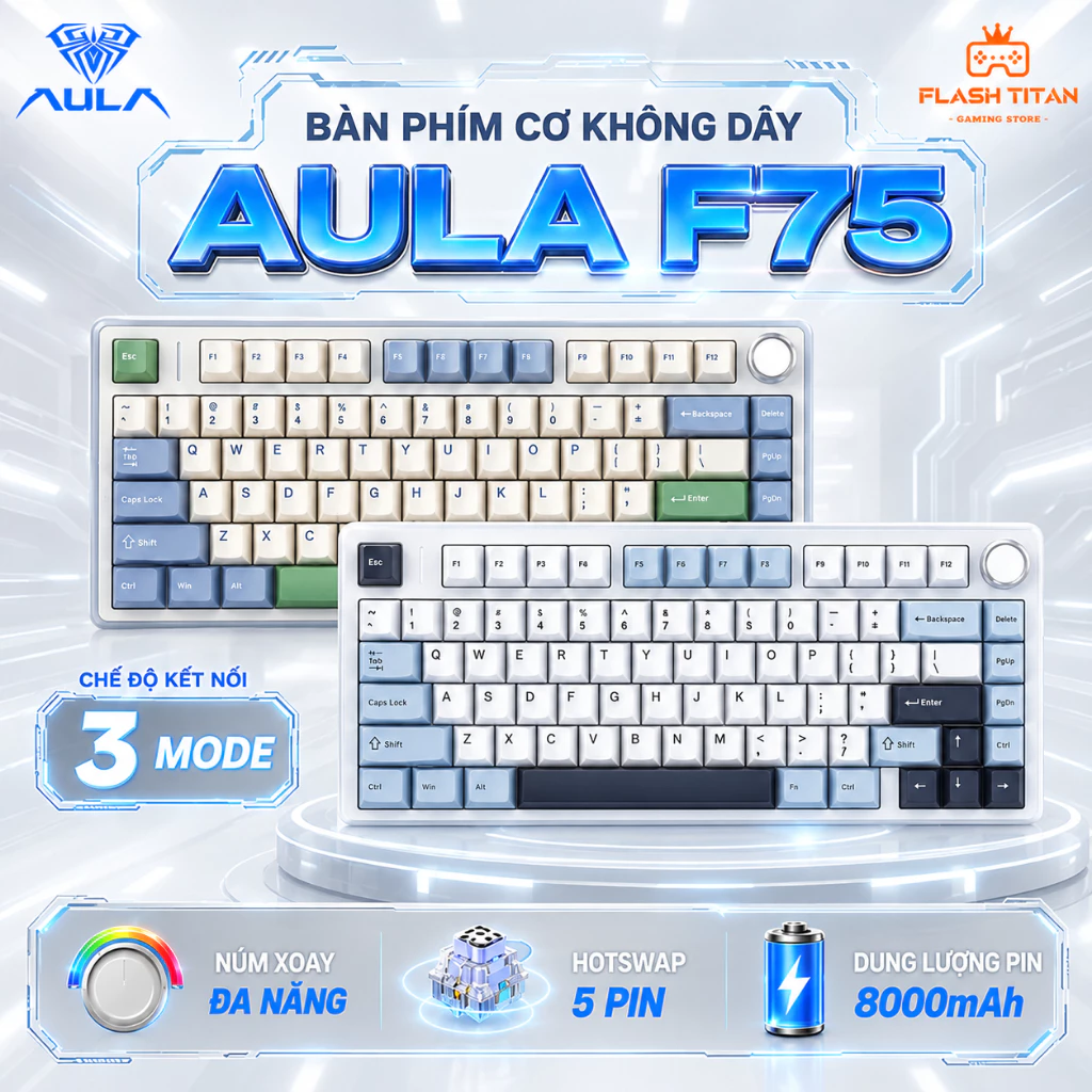 Bàn phím cơ không dây AULA F75 - Phiên bản mạch xuôi - 3 mode kết nối - Hotswap - Có núm xoay