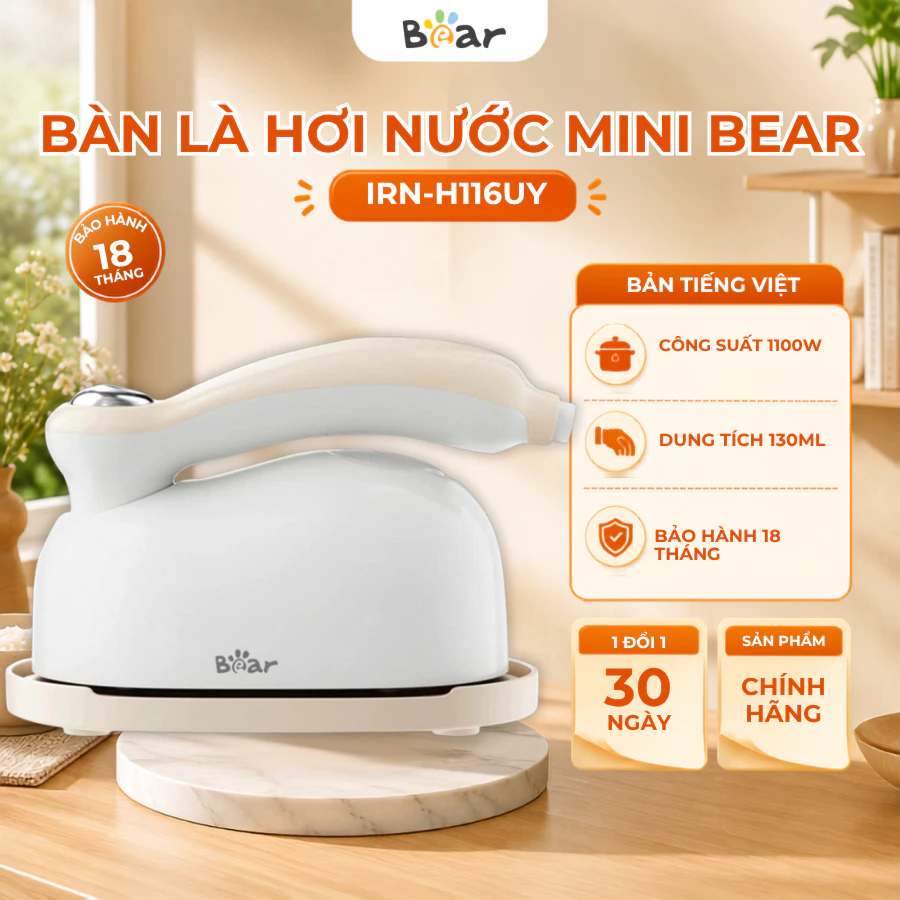Bàn Ủi Hơi Nước Cầm Tay BEAR IRN-H116UY,Công suất 1050W,Ủi Khô/Hơi Nước, Vệ Sinh Tiện Lợi BH 18 Thág