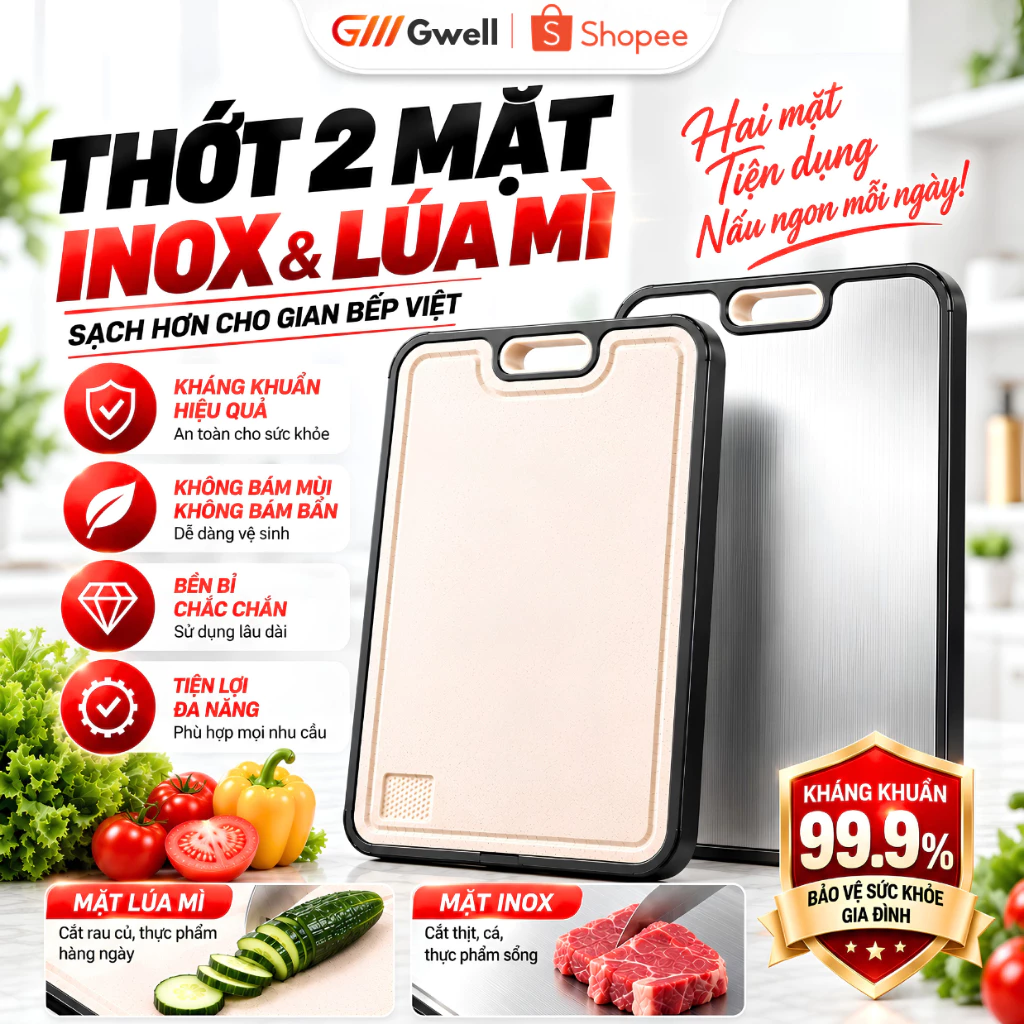 [SSS] Thớt 2 Mặt Inox 304 & Lúa Mạch Kháng Khuẩn, Thớt Bếp Khử Mùi Chống Nấm Mốc An Toàn Sức Khỏe