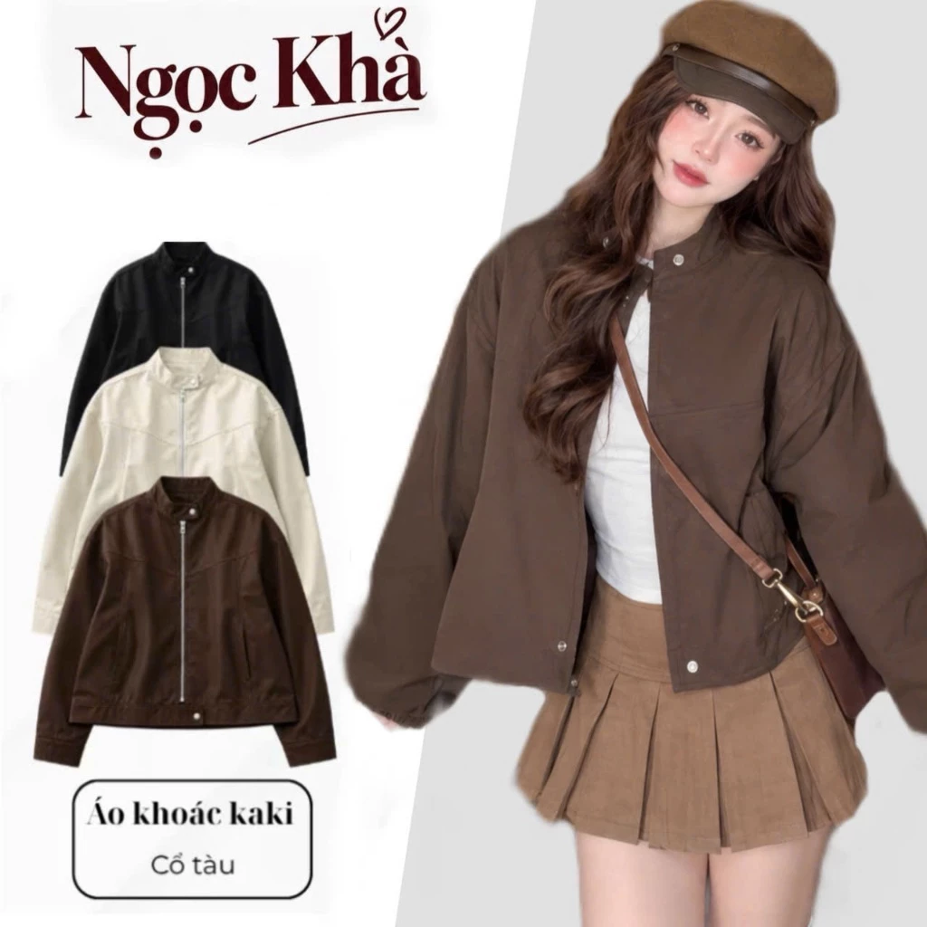 Áo Kaki Nữ Cổ Trụ Dáng Ngắn – Phong Cách Năng Động Cá Tính – Áo Khoác Nữ Mặc Hàng Ngày