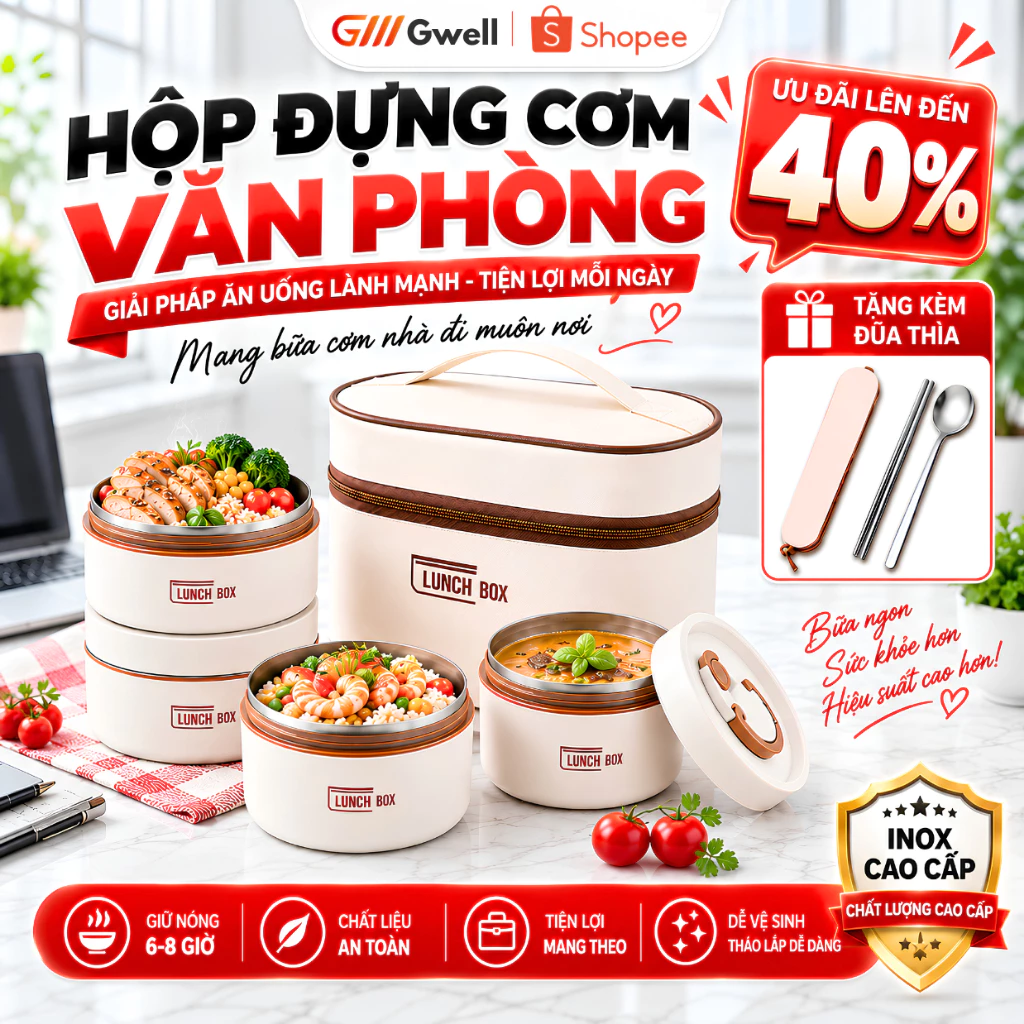 Hộp Đựng Cơm Giữ Nhiệt, Hộp Cơm Trưa Văn Phòng 3 Tầng Cách Nhiệt Bằng Thép Không Gỉ 304 An Toàn
