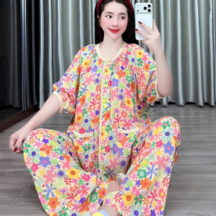 QUẦN DÀI TAY CỘC VIỀN REN PHOM SUÔNG TLD276 - Đồ Bộ Tole Lanh Nữ Mặc Nhà