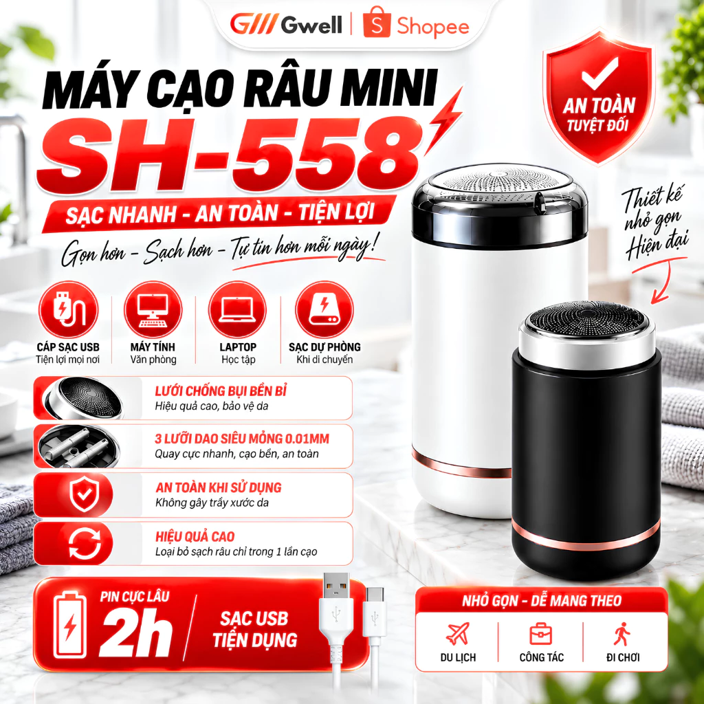 Máy Cạo Râu Mini Bỏ Túi Đa Năng 6 Lưỡi Dao Kép Chống Thấm Nước Chuẩn IPX7 Sạc USB Tiện Lợi