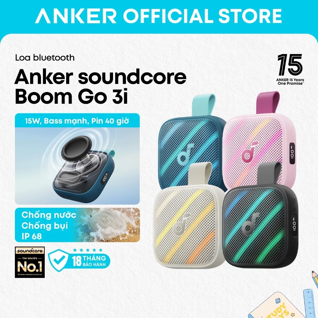 Loa Bluetooth Anker soundcore Boom Go 3i 15W, Bass Mạnh, Pin 40H, Chống Nước/Bụi IP68