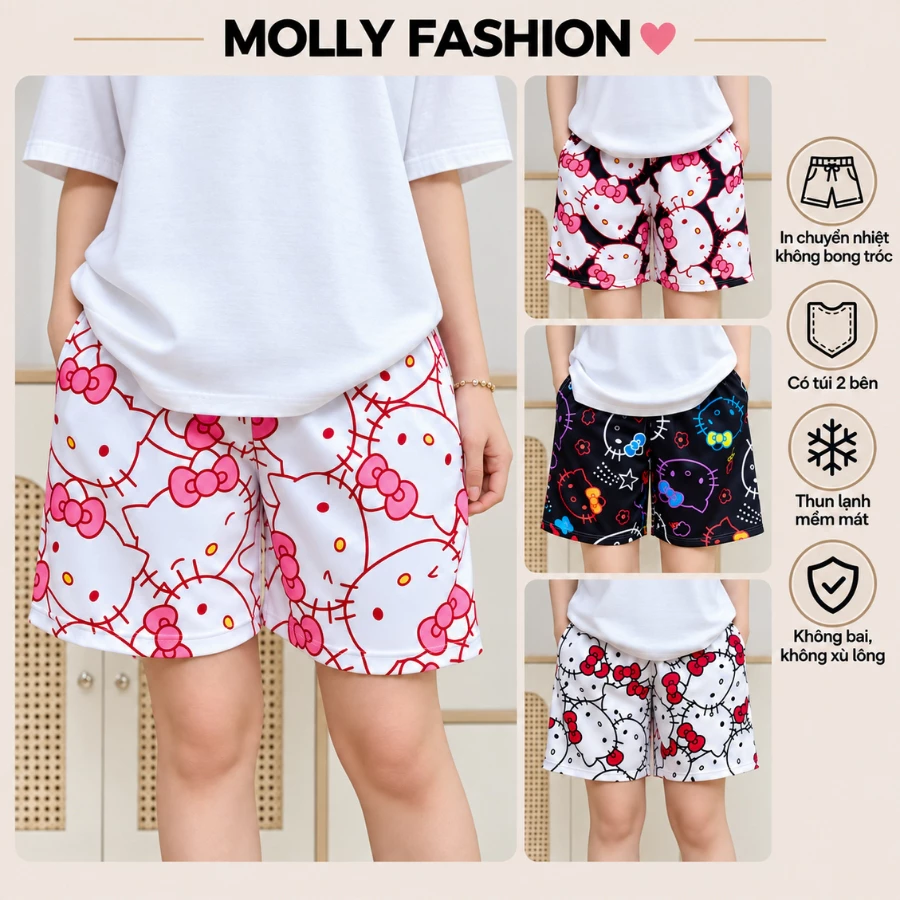 Quần đùi nam nữ MOLLY FASHION thun lạnh Bigsize, quần short hoạt hình Unisex KITTY