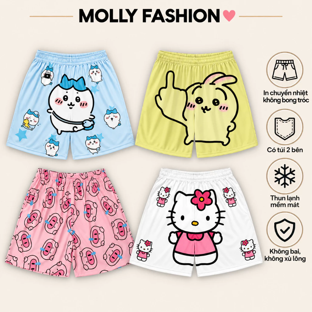 Quần đùi nam nữ MOLLY FASHION 38-80kg thun lạnh Bigsize, quần short hoạt hình ZÔ TRI