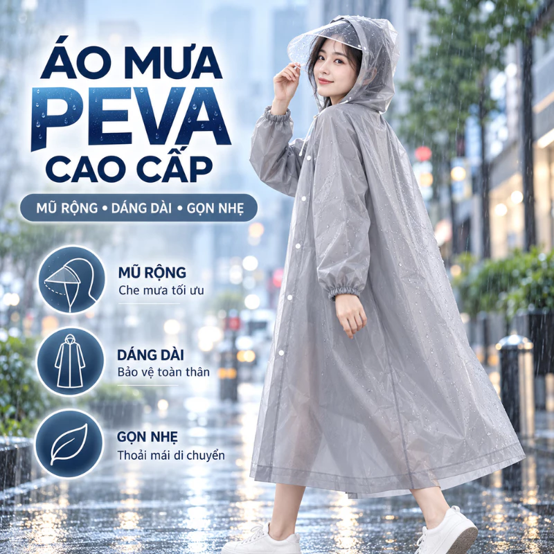 Áo Mưa 1 Đầu Dáng Dài Chất Liệu PEVA Siêu Nhẹ Cài Nút Chống Nước Kèm Vành Kính Che Mặt