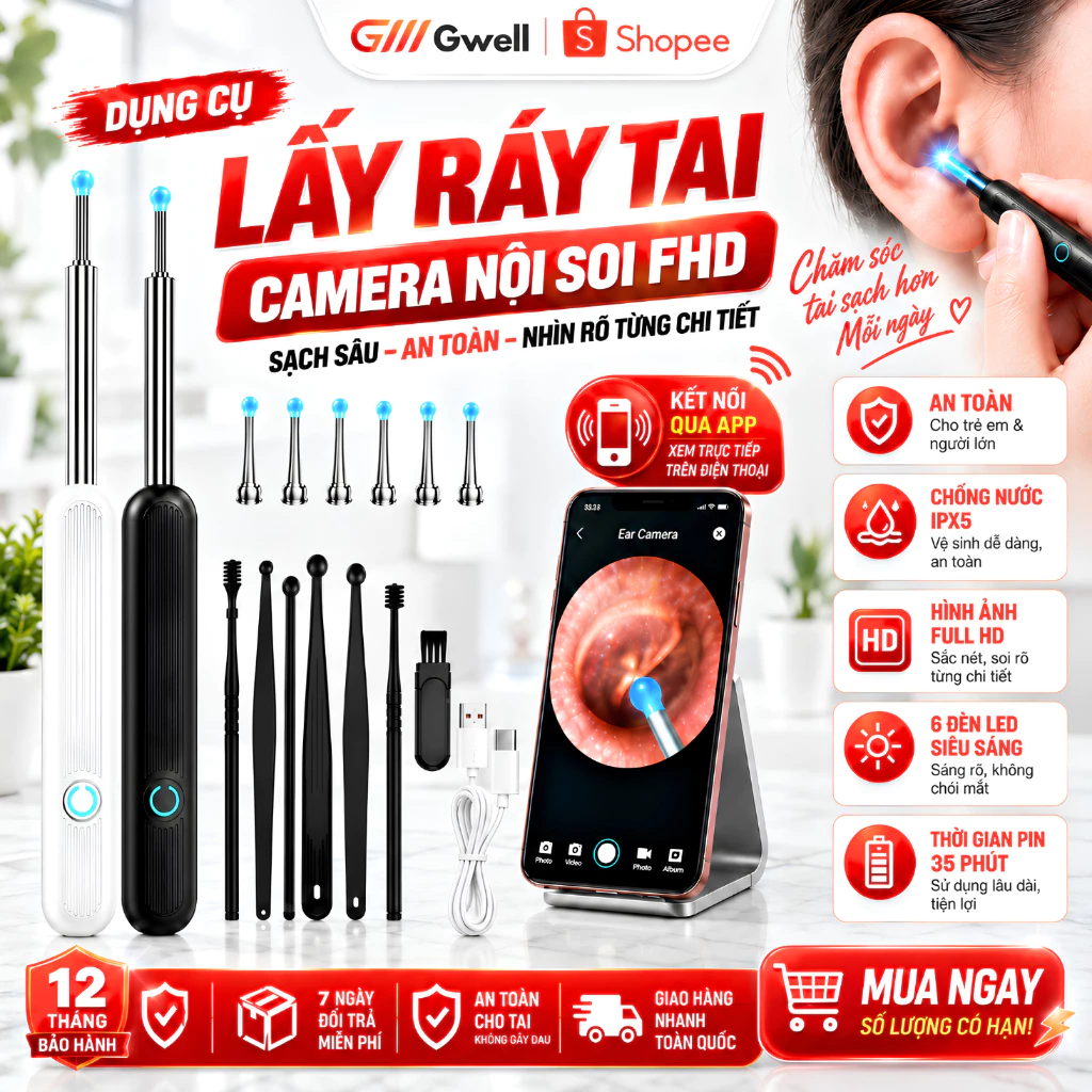 Bộ Dụng Cụ Lấy Ráy Tai NE3 Pro Camera Nội Soi Full HD 1296P Hình Ảnh Sắc Nét Kết Nối App Đa Năng