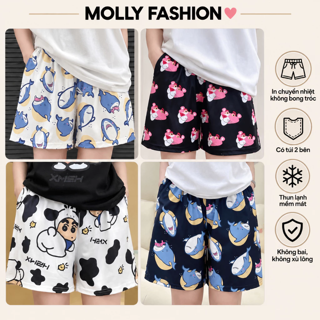 Quần short hoạt hình nam nữ MOLLY FASHION thun lạnh Bigsize, quần đùi lửng cartoon BST01
