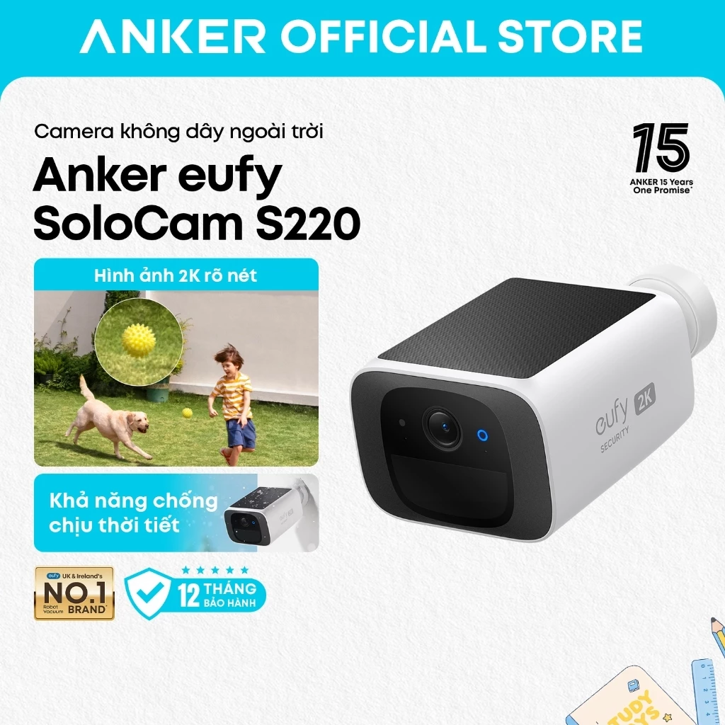 Camera không dây ngoài trời Anker eufy SoloCam S220 2K, pin năng lượng mặt trời, ghi hình 24/7