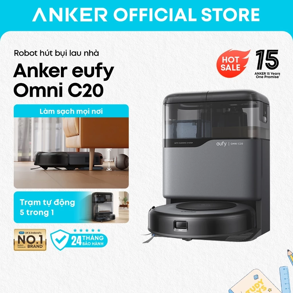 Robot hút bụi lau nhà Anker eufy Omni C20 7,000 Pa, trạm Omni tự đổ rác, giặt sấy giẻ