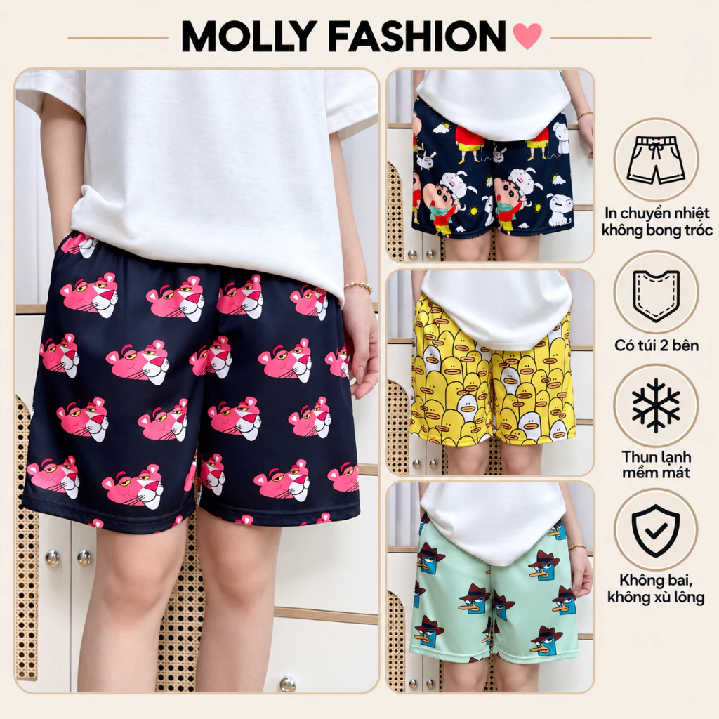 Quần đùi nam nữ MOLLY FASHION thun lạnh Bigsize, quần short mặc nhà hoạt hình đi biển BST04