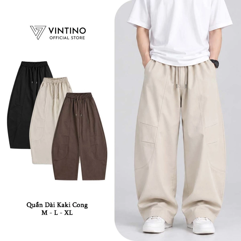 Quần Dài Kaki VINTINO Form Rộng Ống Cong Phong Cách Streetwear Cạp Chun Dây Rút QOC2