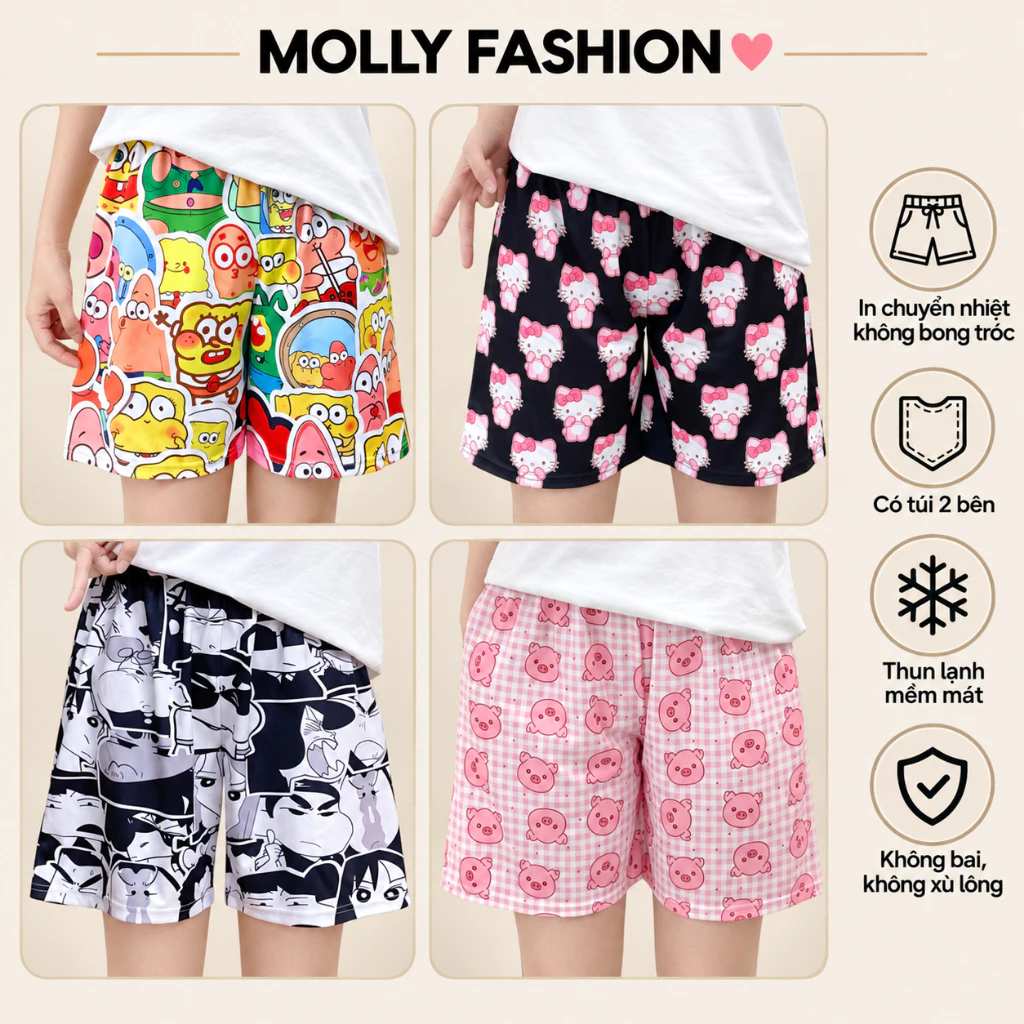 Quần đùi nam nữ MOLLY FASHION thun lạnh Bigsize, quần short mặc nhà hoạt hình đi biển BST03