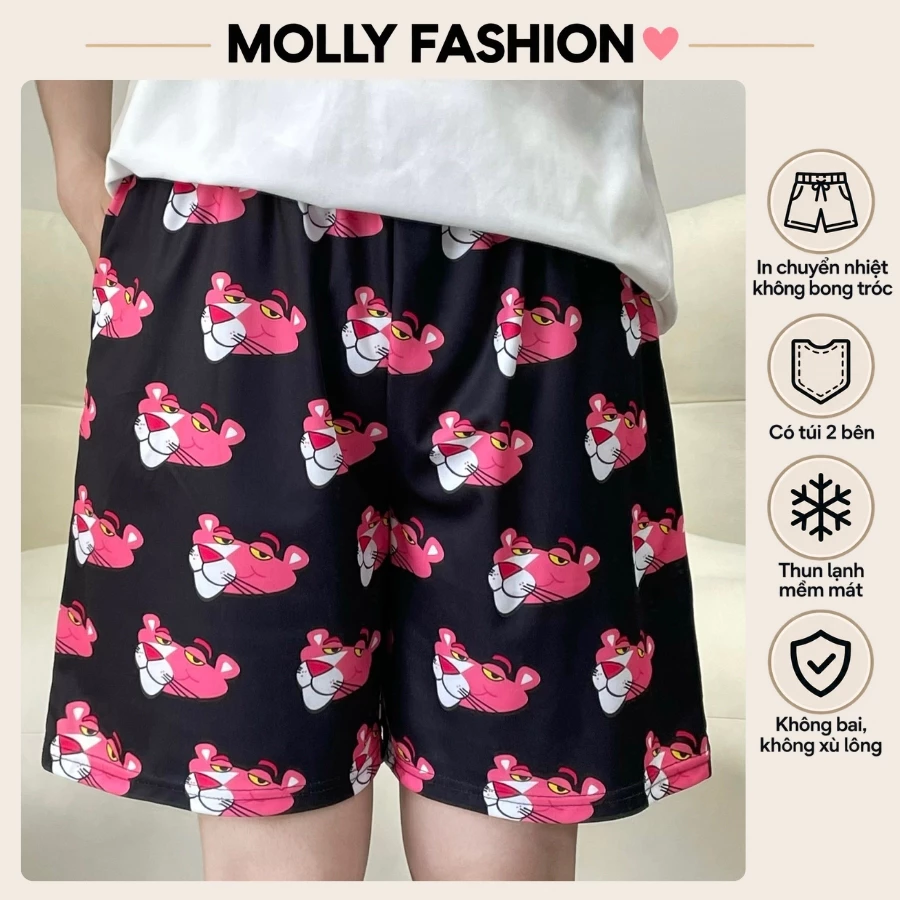 Quần đùi nam nữ MOLLY FASHION thun lạnh Bigsize, quần short Unisex hoạt hình đi biển BÁO HỒNG