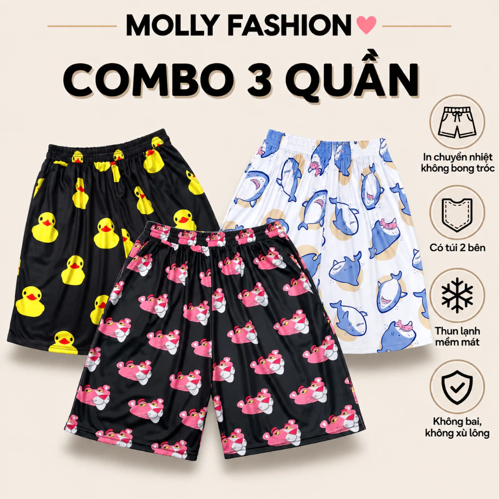 SET Quần đùi nam nữ MOLLY FASHION thun lạnh Bigsize, quần short mặc nhà hoạt hình BST02