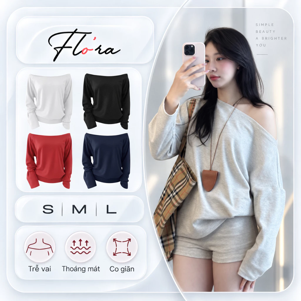 Áo Thun TAY DÀI LỆCH VAI Form Rộng Thun Cotton DD154, Áo Thun Dáng Dài Nữ Trơn Trễ Vai Tết Flo'ra