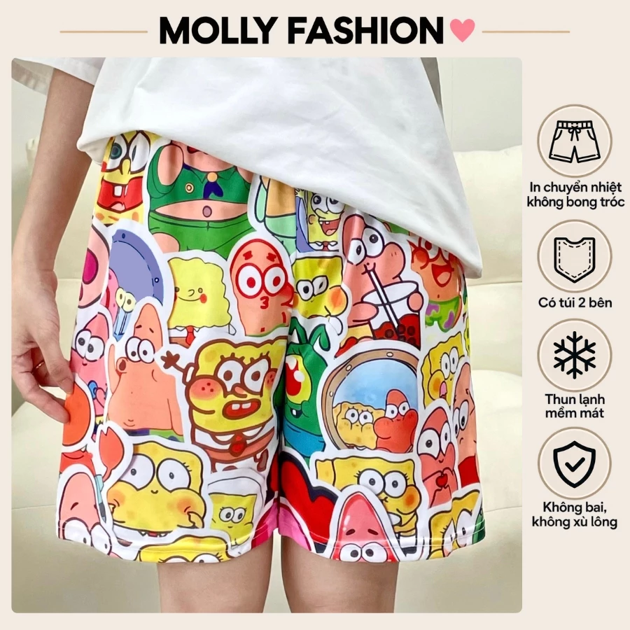 Quần đùi nam nữ MOLLY FASHION thun lạnh Bigsize, quần short Unisex mặc nhà hoạt hình SPONGE
