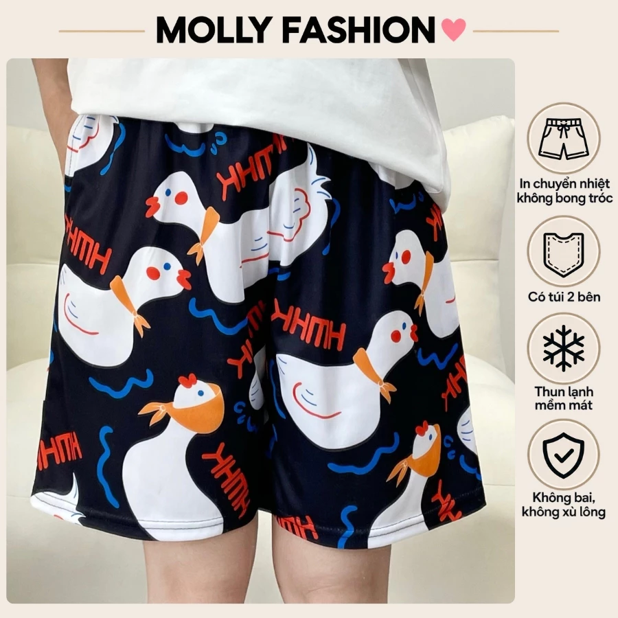 Quần đùi nam nữ MOLLY FASHION thun lạnh Bigsize, quần short Unisex mặc nhà hoạt hình NGỖNG