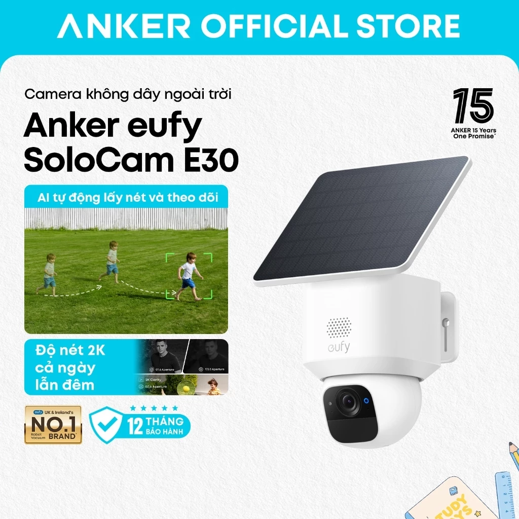 Camera không dây ngoài trời Anker eufy SoloCam E30 2K, xoay 360°, AI bám theo, pin năng lượng mặt trời, ghi hình 24/7