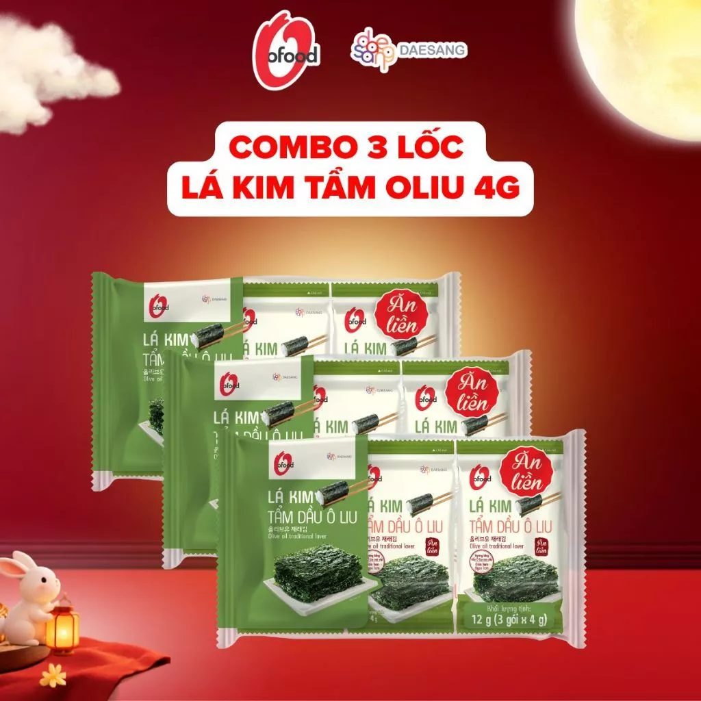 [O'FOOD VN] - COMBO 3 LỐC (9 GÓI) RONG BIỂN LÁ KIM TẨM DẦU OLIVE O'FOOD 4G – RONG BIỂN ĂN LIỀN, GIÒN THƠM, ĂN KÈM CƠM
