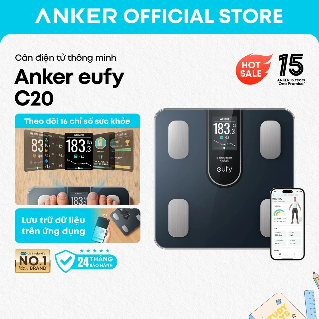 Cân thông minh Anker eufy C20, màn hình màu TFT, hiển thị 16 chỉ số sức khỏe, kết nối Bluetooth