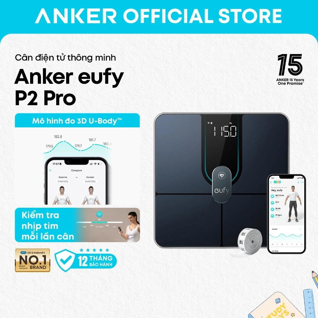 Cân thông minh Anker eufy Smart Scale P2 Pro, kết nối Wi-Fi & Bluetooth, đo nhịp tim, phân tích 16 chỉ số cơ thể