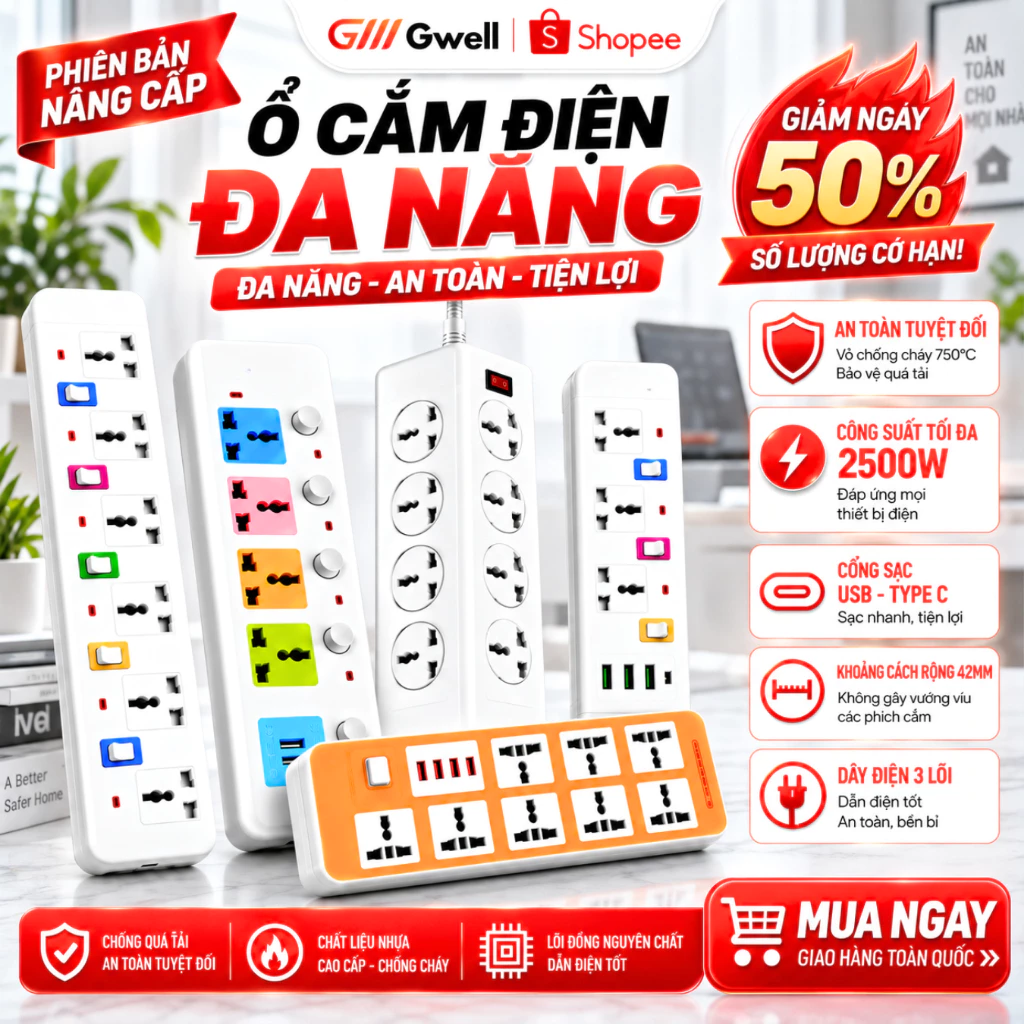 Ổ Cắm Điện, Ổ Điện USB Đa Năng Chịu Tải 2500W Dài 4m Có Chốt Bấm Chống Giật, Có Khóa Bảo Vệ An Toàn