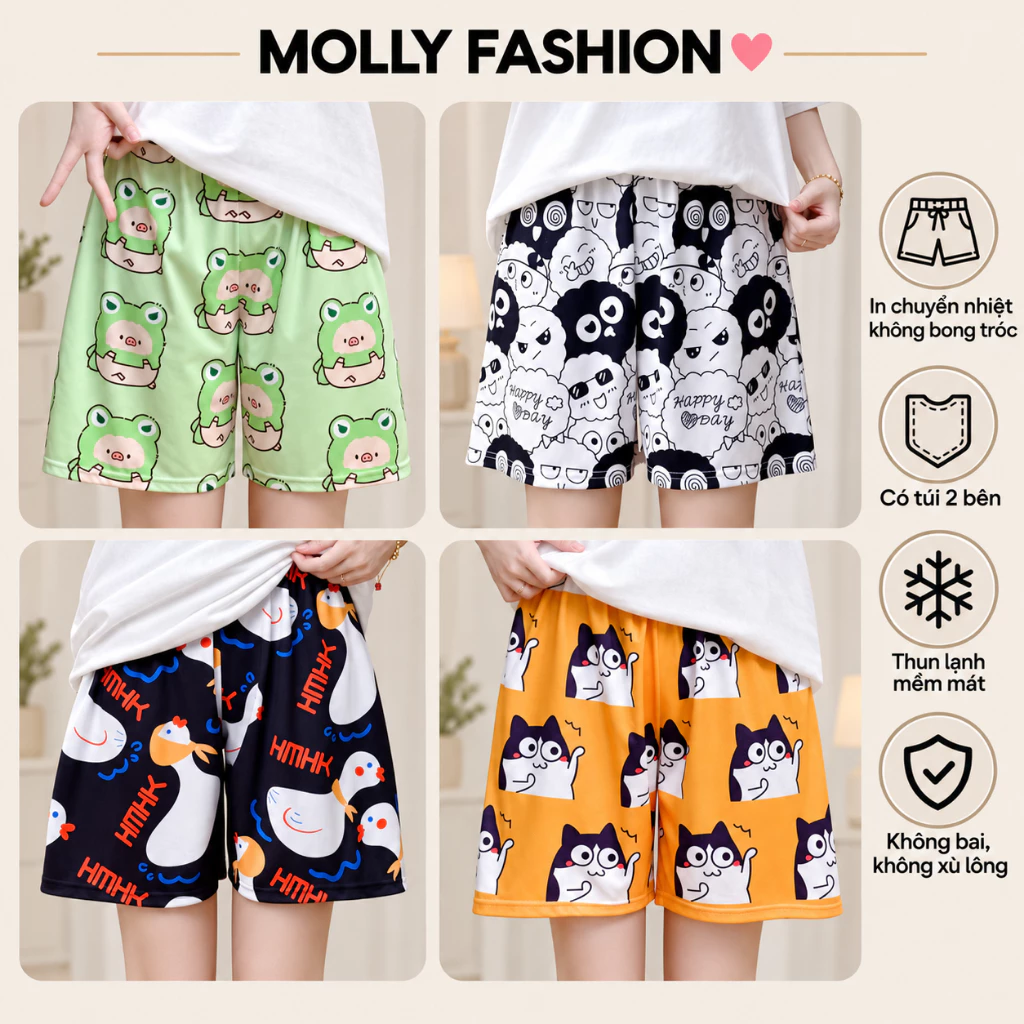 Quần đùi nam nữ MOLLY FASHION thun lạnh Bigsize, quần short mặc nhà hoạt hình đi biển BST06